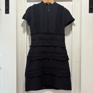 Maje Navy Blue Ruffle Lace Trim Fitted Mini Dress Size 0